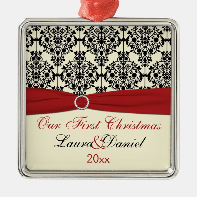 Cream, Red, and Black Damask Wedding Keepsake Metal Ornament (Front)