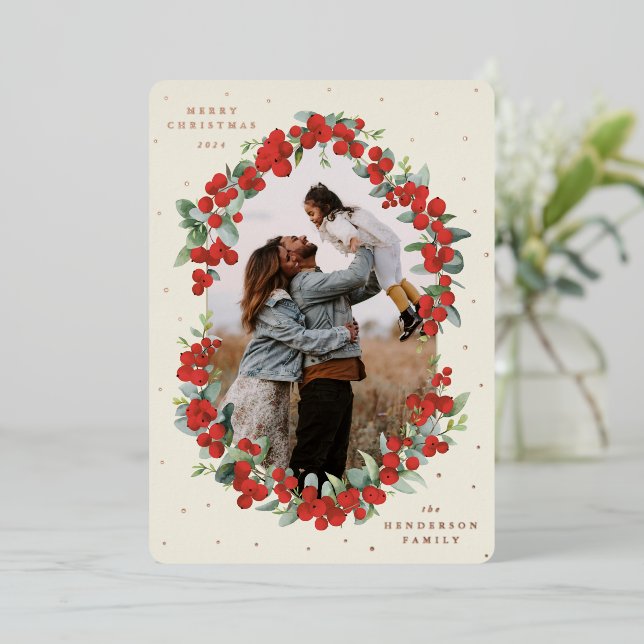 Cream Red Berries+Eucalyptus Christmas Photo Foil Holiday Card (Standing Front)
