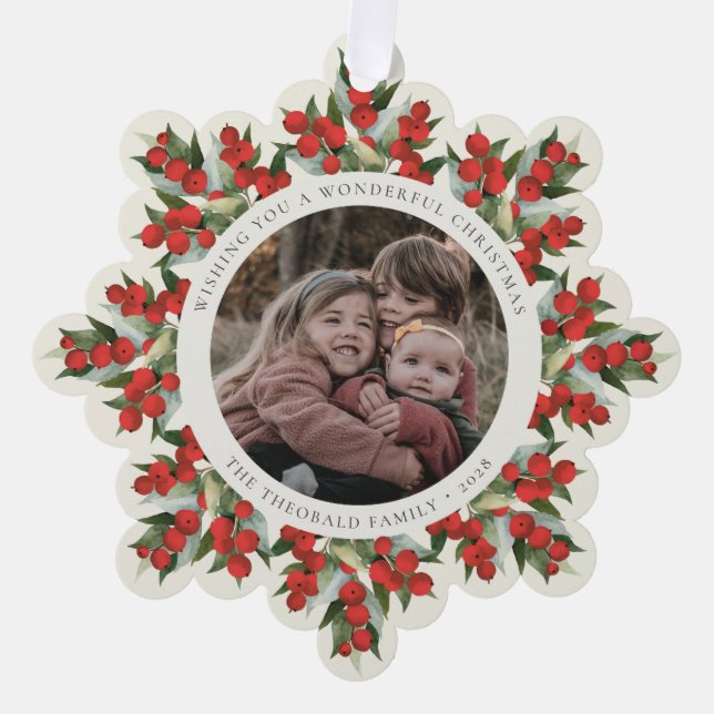 Cream Red Berries+Greenery Christmas Paper Ornament Card (Front)