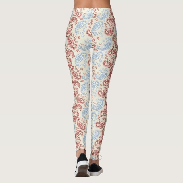 Cream-Red-Blue Paisley Pattern Leggings (Back)