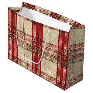 Cream Red Brown Cozy Knit Tartan Plaid Large Gift Bag
