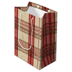 Cream Red Brown Cozy Knit Tartan Plaid Medium Gift Bag