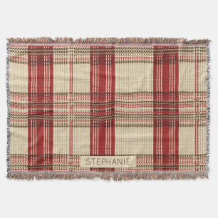 Cream Red Brown Cozy Knit Tartan Plaid Throw Blanket