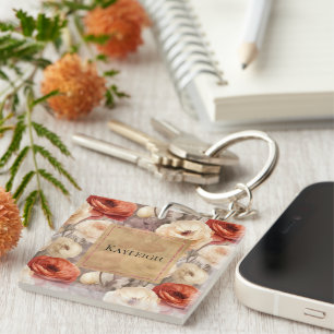 Cream Red Burgundy Floral Keychain