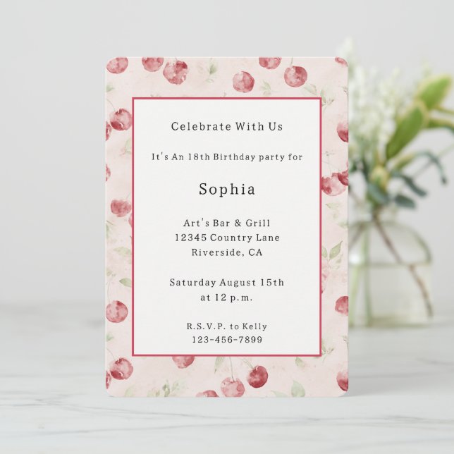 Cream Red Cherries Birthday   Invitation (Standing Front)