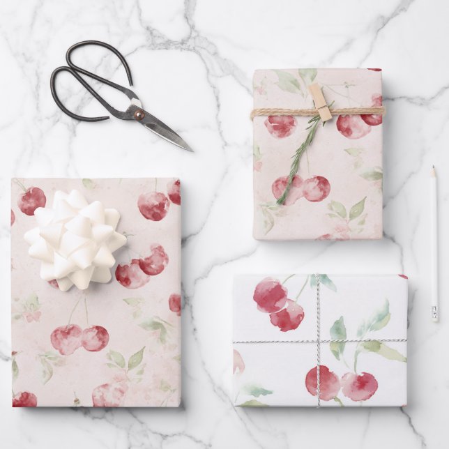 Cream Red Cherries Birthday Wrapping Paper Sheet (Front)