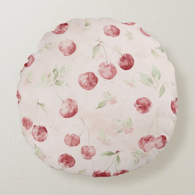Cream Red Cherries Stripes Round Pillow (Front)