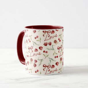 Cream Red Cherry Hearts Valentine's Day Love Bows Mug
