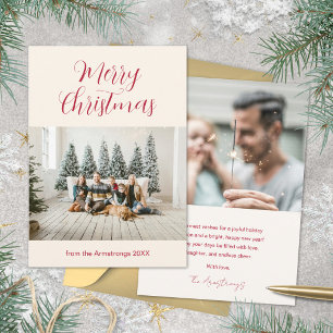 Cream Red Elegant Script Two Photo Christmas Holiday Card