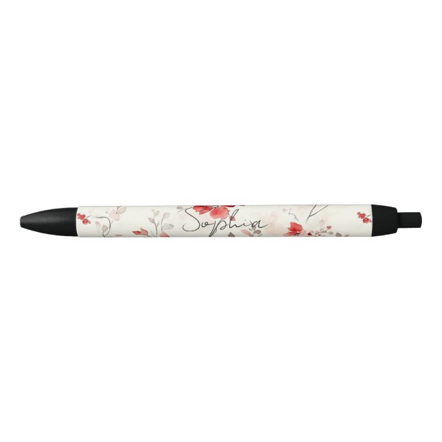 Cream Red Floral   Black Ink Pen (Front)