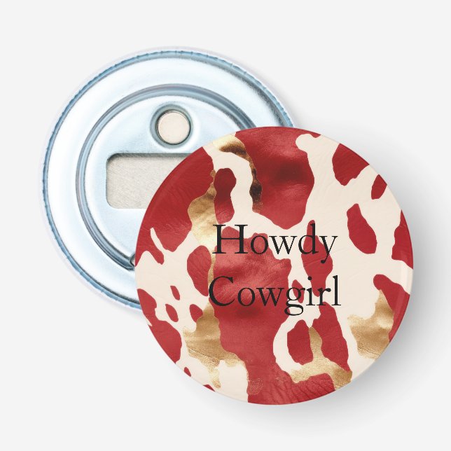 Cream Red Gold Western Cowhide Howdy Bottle Opener (Front)