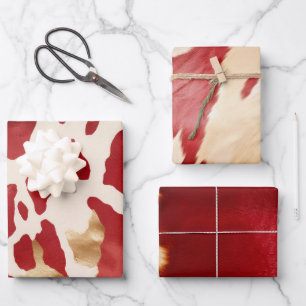 Cream Red Gold Western Cowhide Wrapping Paper Sheet