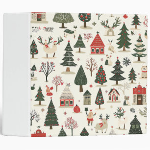 Cream Red Green Folk Art Winter Animal Pattern Binder