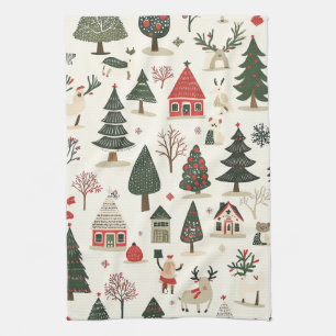 Cream Red Green Folk Art Winter Animal Pattern Kitchen Towel
