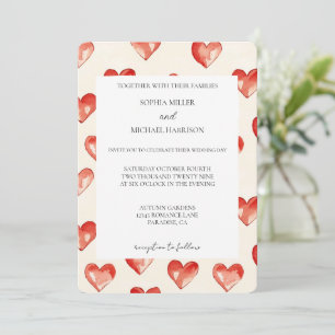 Cream Red Hearts Love Wedding Invitation
