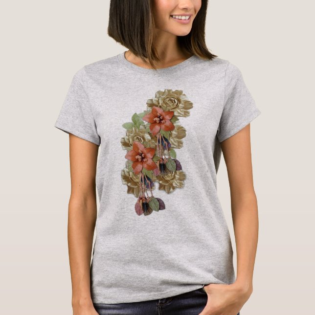 Cream & Red Leather Flowers T-Shirt (Front)