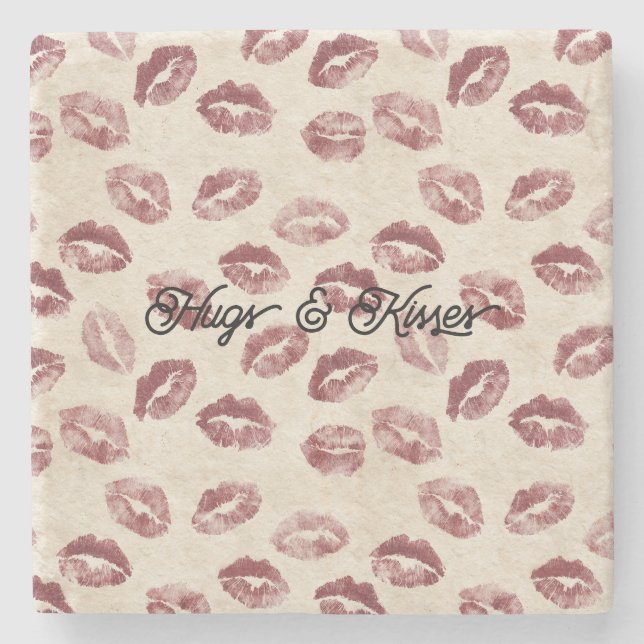 Cream Red Lips Kisses Stone Coaster (Front)
