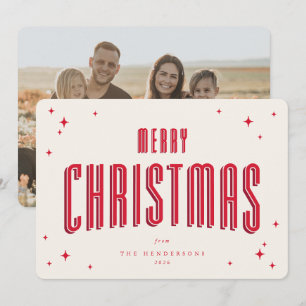 Cream+Red Merry Christmas Retro Stars Flat Photo Holiday Card