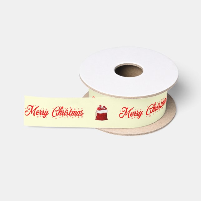 Cream Red Merry Christmas with Santa Gift Bag Satin Ribbon (Spool)