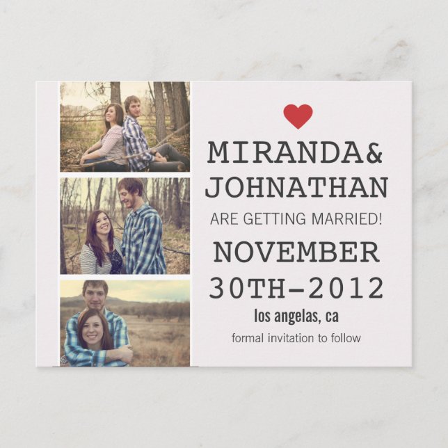 Cream & Red Photo Strip Save The Date Post Cards (Front)