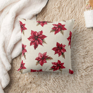 Cream Red Poinsettia Floral Christmas Throw Pillow