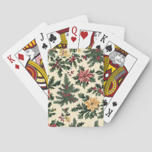 Cream Red Poinsettia Holly Christmas Pattern Playing Cards