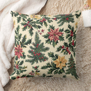 Cream Red Poinsettia Holly Christmas Pattern Throw Pillow