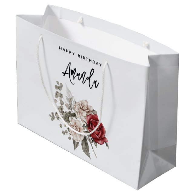 Cream & Red Rose Boho Flower Bouquet Birthday Large Gift Bag (Back Angled)
