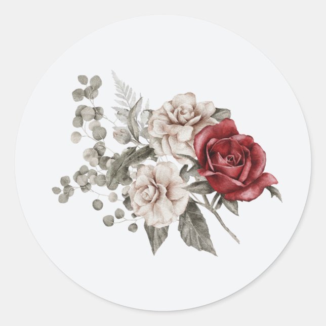 Cream & Red Rose Boho Flower Bouquet Classic Round Sticker (Front)