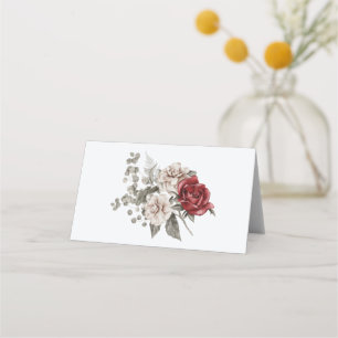 Cream & Red Rose Boho Flower Bouquet Place Card
