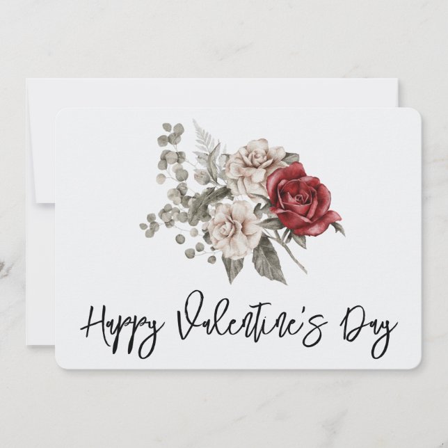 Cream & Red Rose Boho Flower Bouquet Valentine's Card (Front)