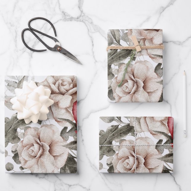 Cream & Red Rose Boho Flower Bouquet Wrapping Paper Sheet (Front)