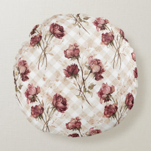 Cream Red Roses Flowers Round Pillow