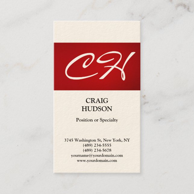 Cream Red Stripe Monogram Modern Business Card (Front)