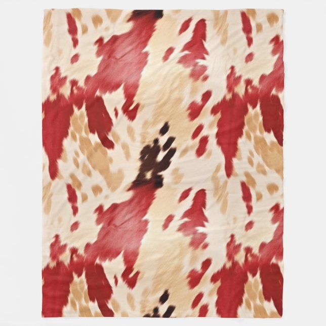 Cream Red Western Cowhide  Fleece Blanket (Front)