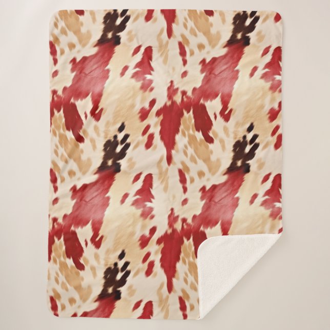 Cream Red Western Cowhide  Sherpa Blanket (Front)