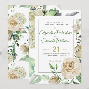 Cream Rose Bud Hydrangea Watercolor Classic Invitation