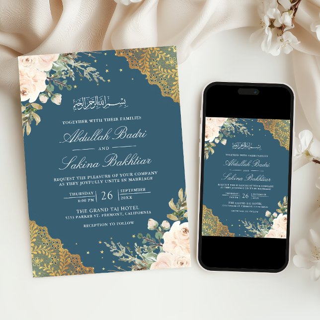 Cream Rose Gold Lace QR Code Blue Muslim Wedding Invitation (Creator Uploaded)
