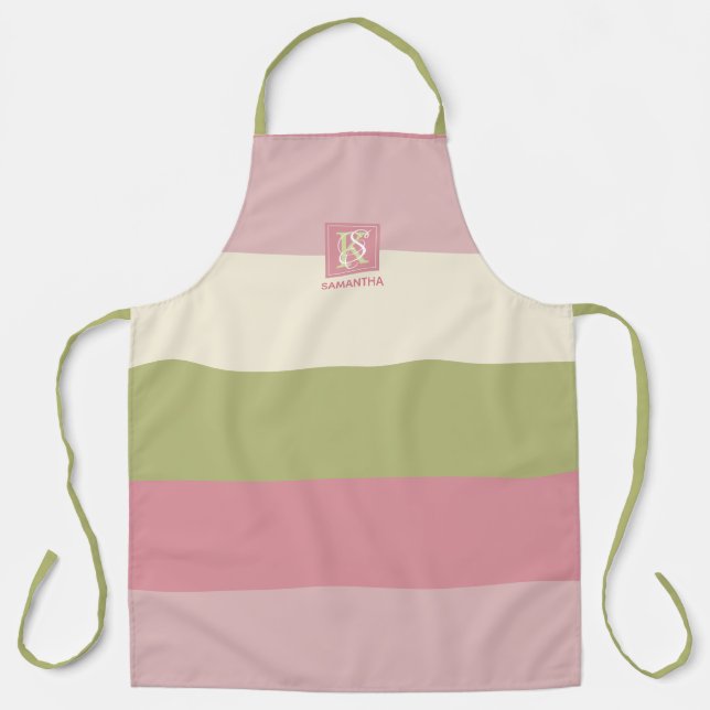 Cream Rose Green Colour Palette Stripes Monogram Apron (Front)