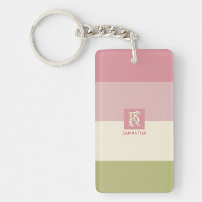 Cream Rose Green Colour Palette Stripes Monogram Keychain (Front)