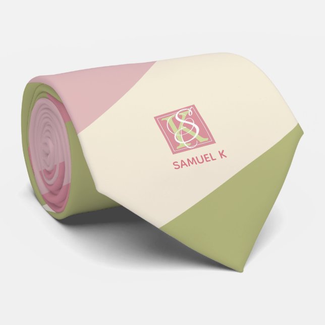 Cream Rose Green Colour Palette Stripes Monogram Tie (Rolled)