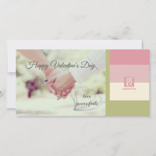 Cream Rose Green Romantic Palette Photo Monogram Holiday Card