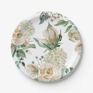 Cream Rose Hydrangea Beige Watercolor Paper Plate