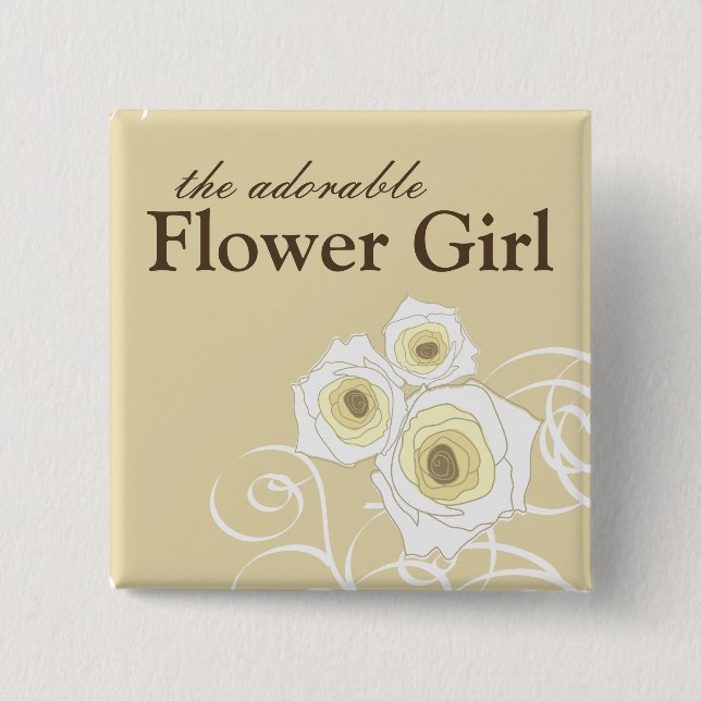 Cream Roses and Swirls Flower Girl Wedding Button (Front)