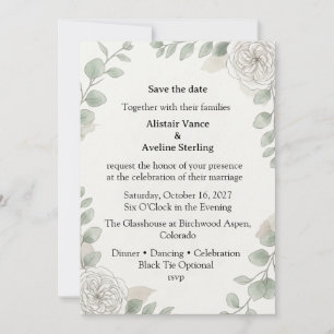 Cream Roses, Eucalyptus Foliage, Botanical Line Ar Invitation