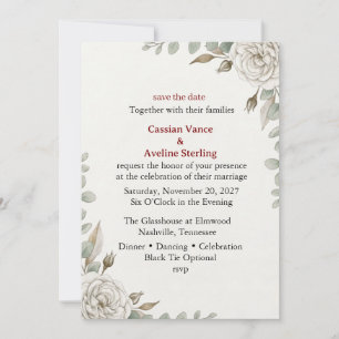 Cream Roses, Eucalyptus Foliage, Botanical Line Ar Invitation
