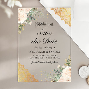 Cream Roses Gold Lace Muslim Wedding Save the Date Acrylic Invitations