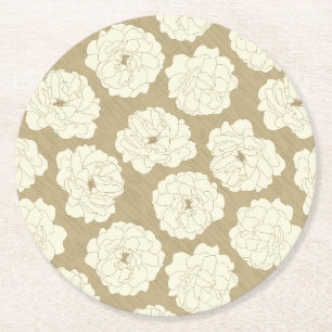Cream Roses on Golden Beige - seamless pattern. Round Paper Coaster