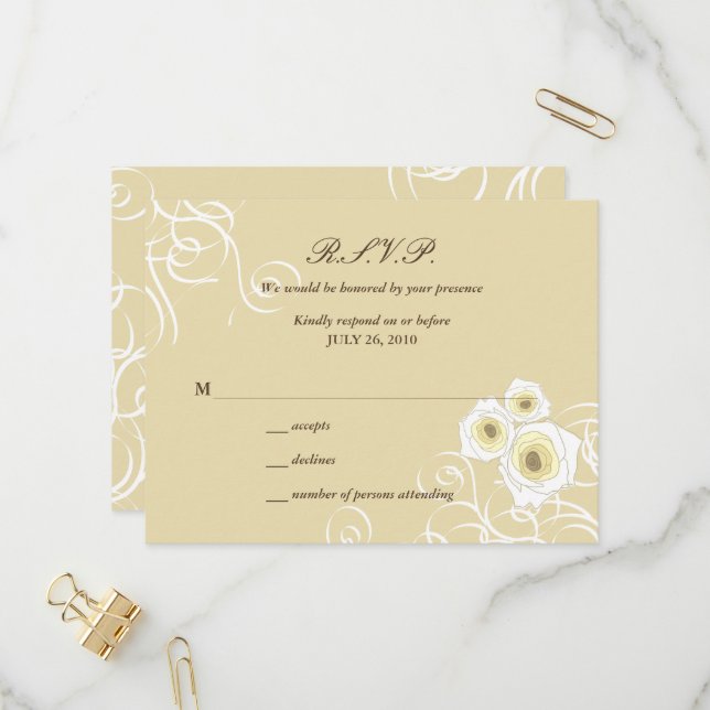 Cream Roses & Swirls Elegant Romantic Wedding RSVP Invitation Postcard (Front/Back In Situ)