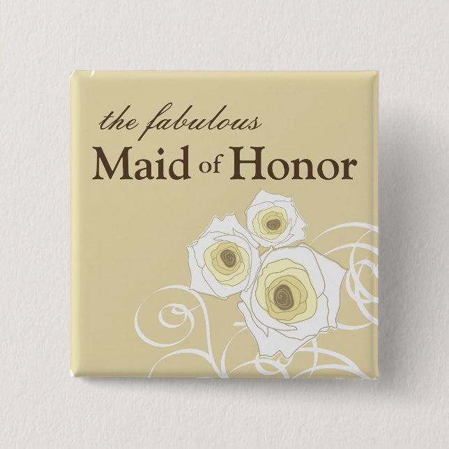 Cream Roses & Swirls Maid of Honour Wedding Button (Front)